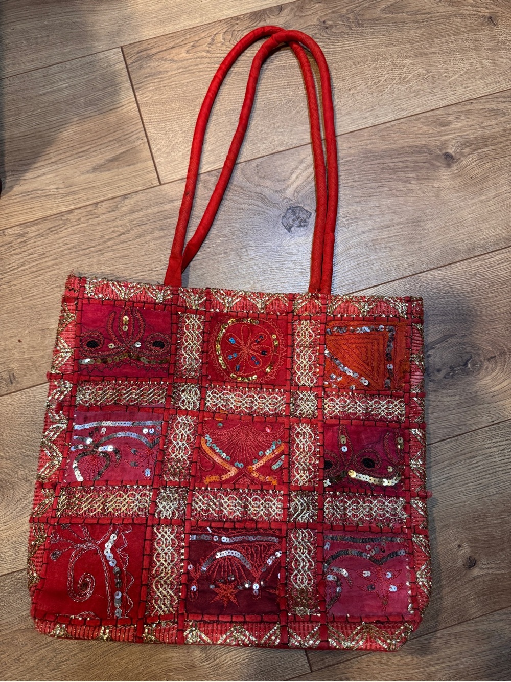 Red Embroidered Patchwork Boho Tote Bag Sequins Hippie Indian Shoulder Bag